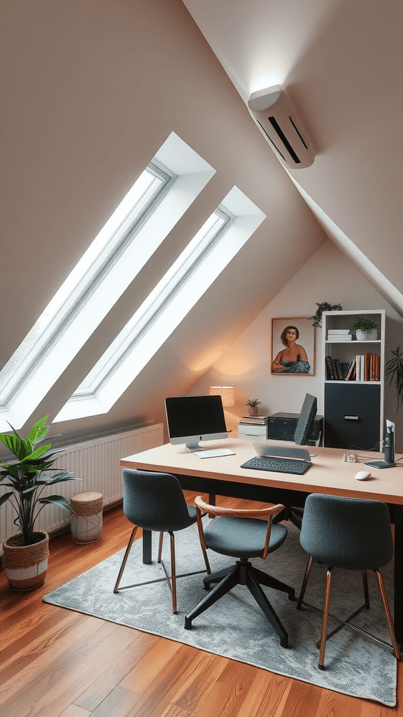 A well-designed attic office space with climate control and natural light.