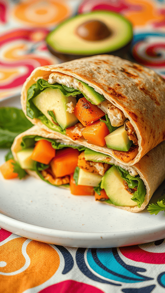 A delicious avocado and grilled veggie wrap displayed on a plate with colorful background.