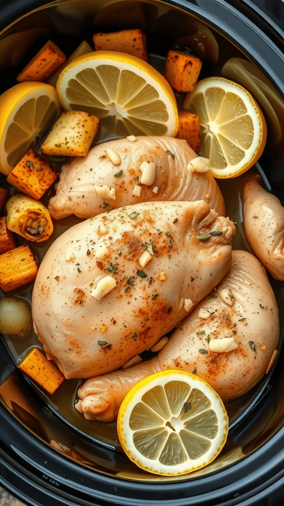 Crockpot with lemon garlic chicken and vegetables