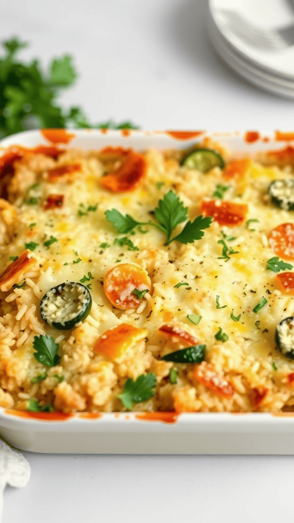 A delicious zucchini and rice bake topped with cheese and garnished with parsley.