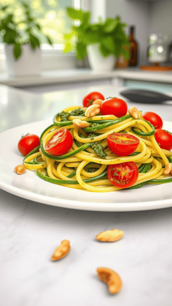 A plate of zucchini noodles with pesto, topped with cherry tomatoes and cashews.