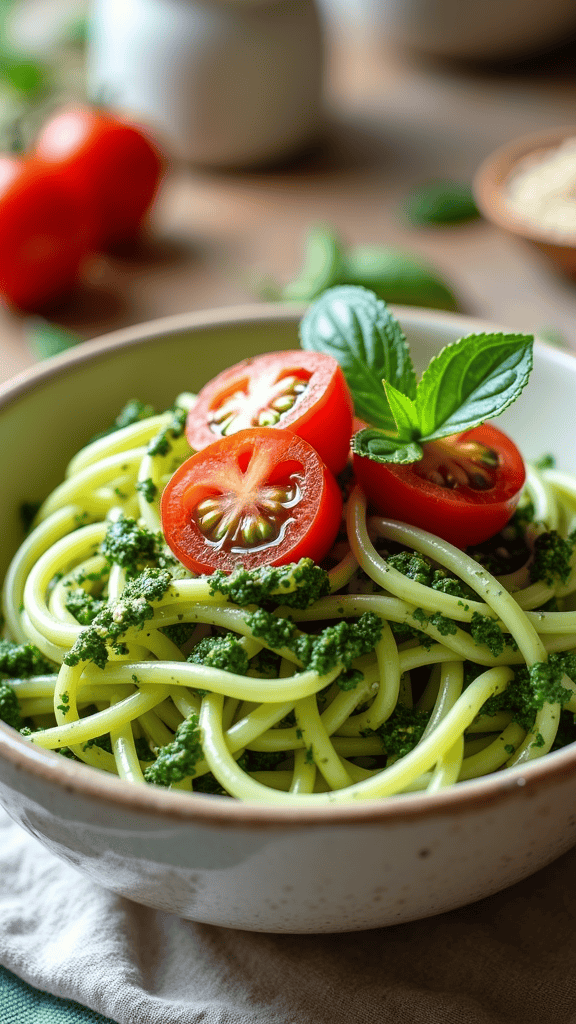 A bowl of zucchini noodles topped with pesto and cherry tomatoes