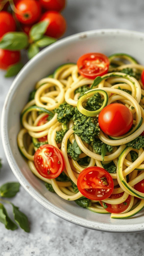 A bowl of zucchini noodles topped with pesto and cherry tomatoes.