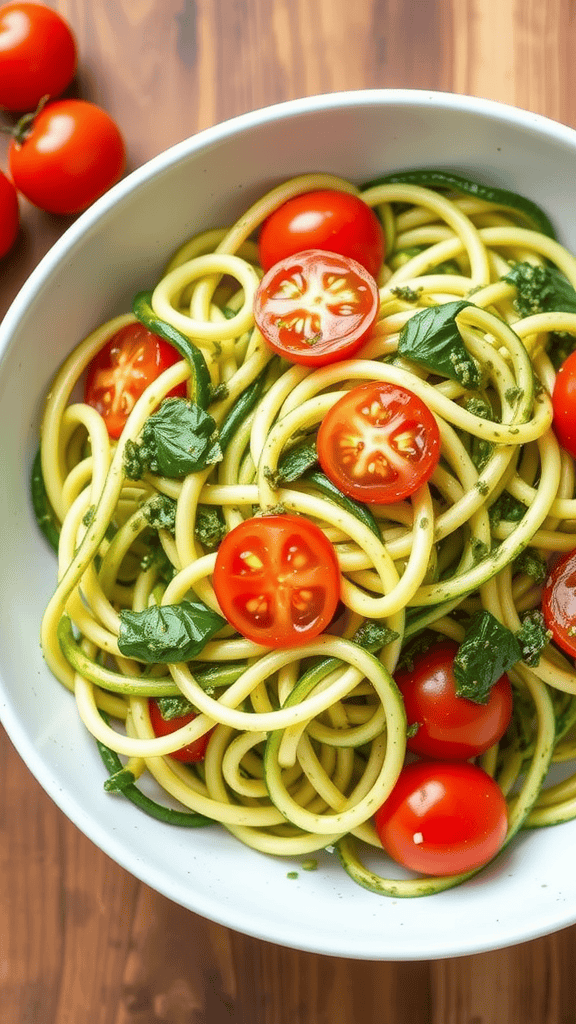 A bowl of zucchini noodles with pesto and cherry tomatoes.