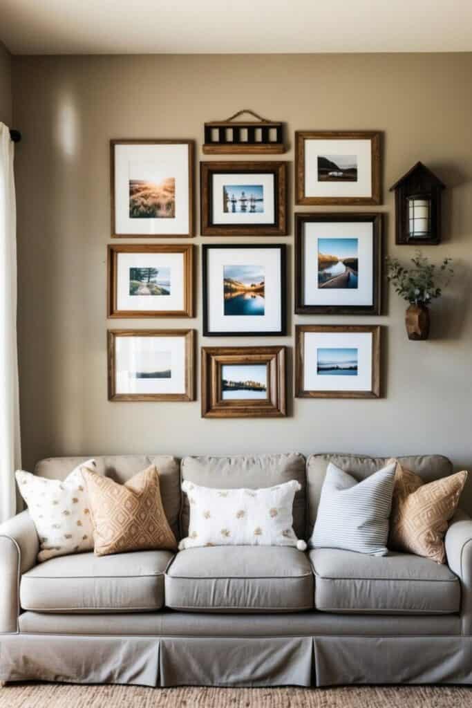 a rustic farmhouse style gallery wall in a living room with Mix and Match Frames