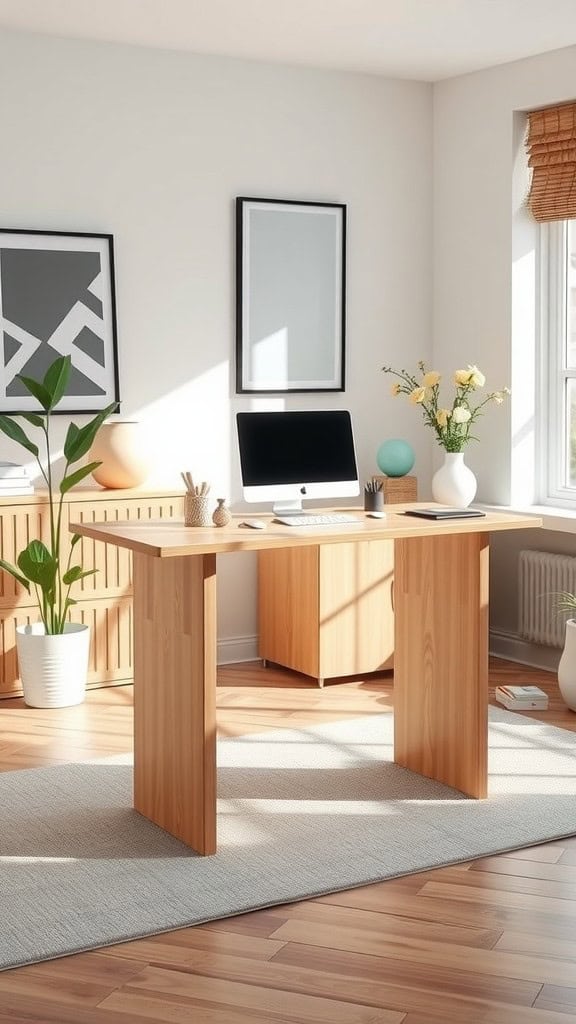 A cozy home office featuring a light oak standing desk, a computer, and lovely decor