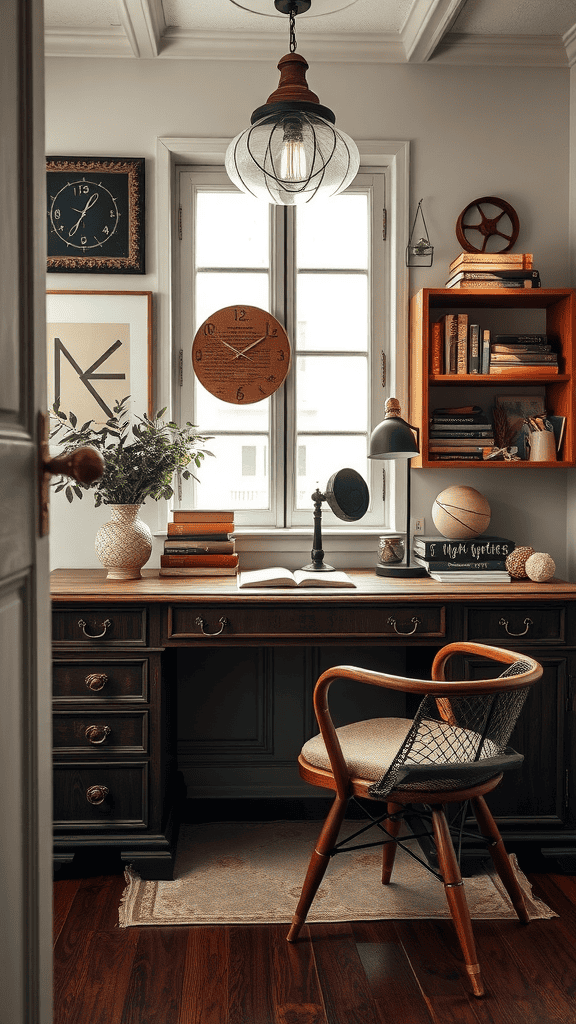 A vintage-style workspace with a wooden desk, books, and decorative items.