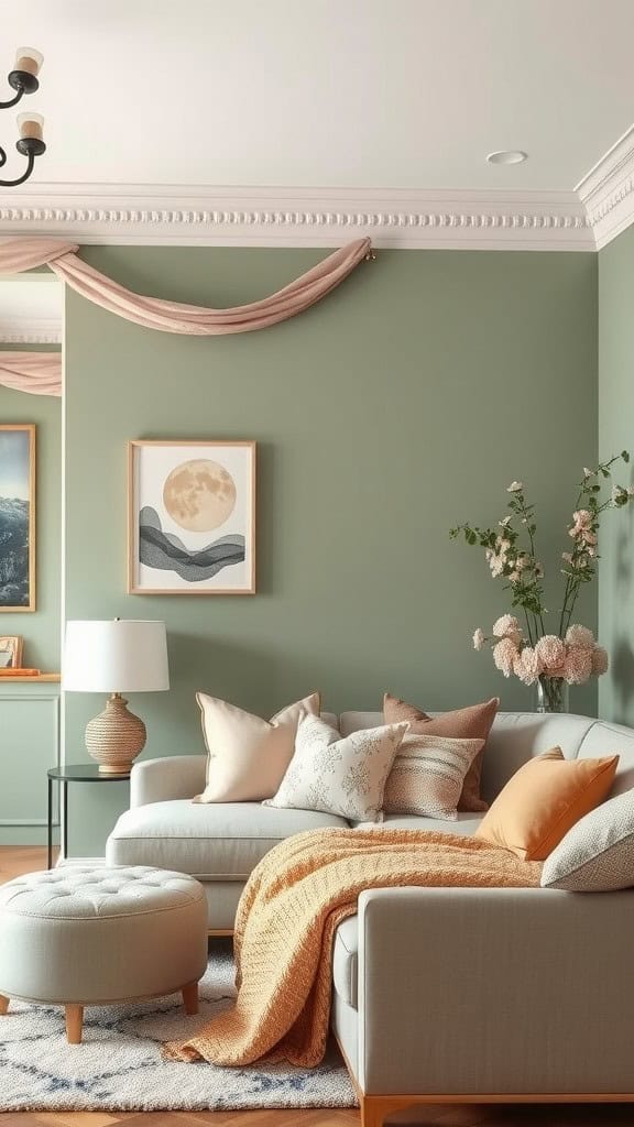 Cozy living room with a green accent wall, a light gray sofa, decorative pillows, a lamp, and a piece of artwork