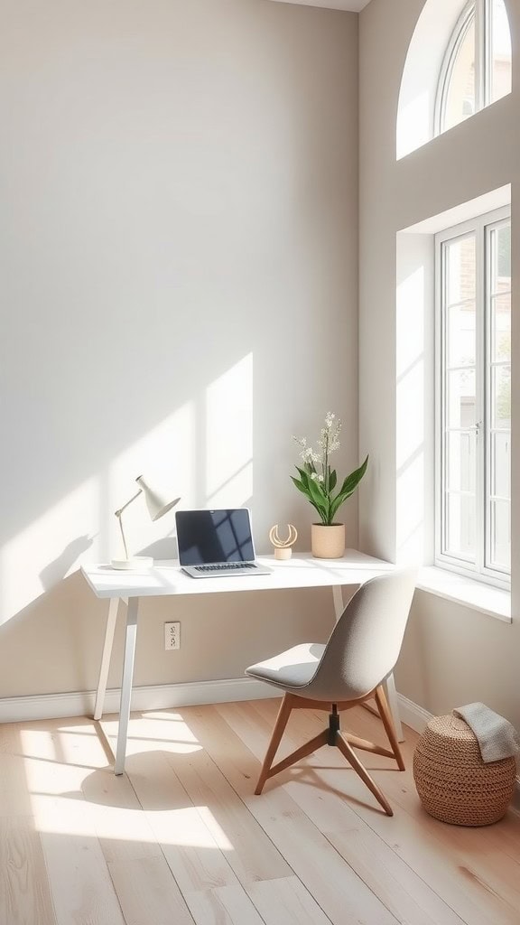 A bright and minimalist home office setup with a neutral accent wall, desk, chair, and a plant.