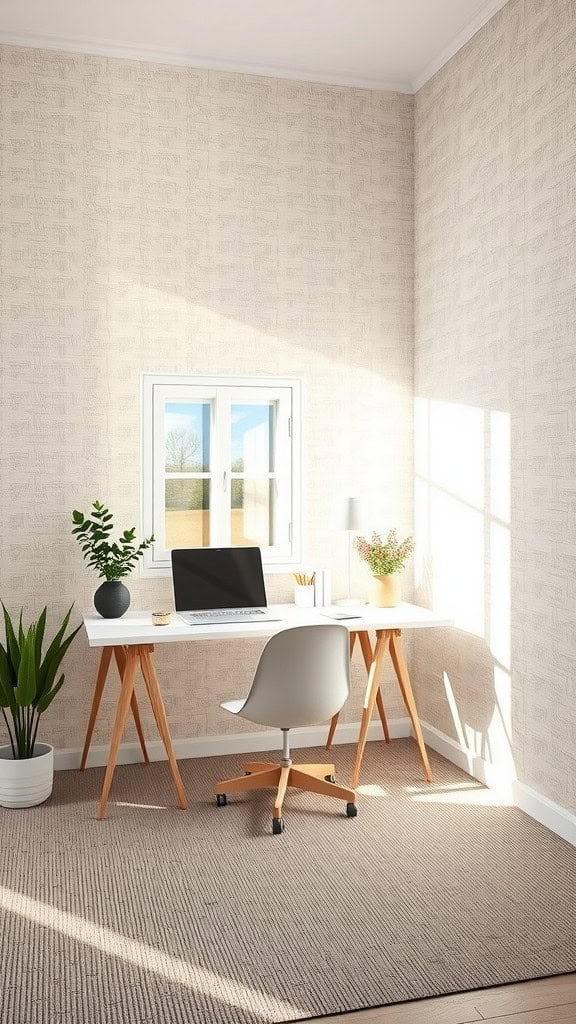 A bright home office featuring a desk, chair, and greenery against a textured neutral wallpaper.