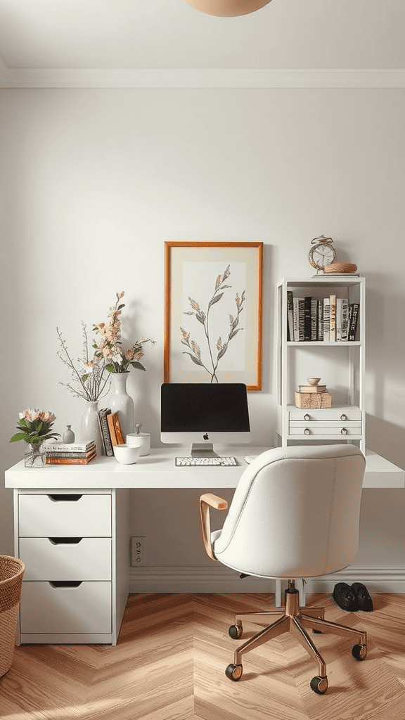 Stylish workspace with a white desk, computer, flowers, and artwork.