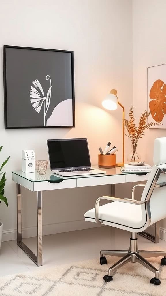 A stylish office setup featuring a glass desk, a laptop, and decorative elements like plants and artwork.