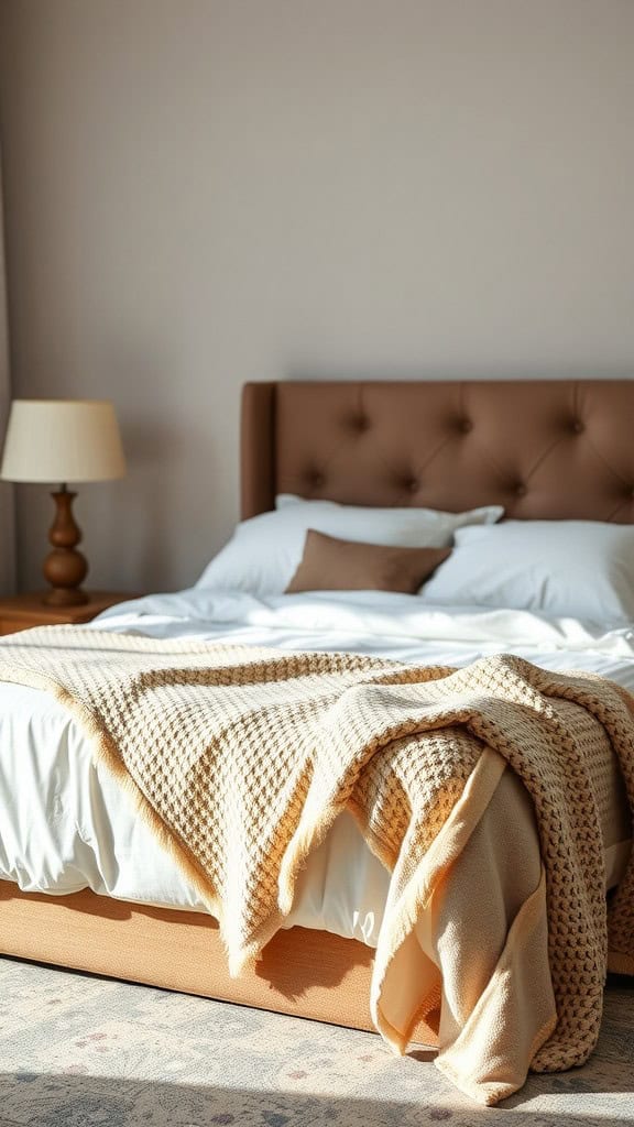 A cozy bedroom featuring a soft throw blanket draped over a bed.