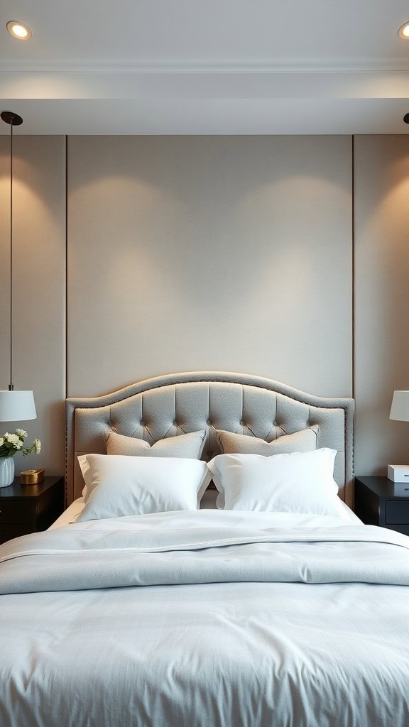 A stylish bedroom featuring a tufted headboard, soft bedding, and warm lighting.