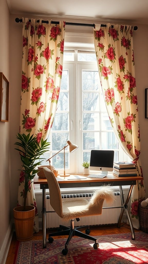 A bright workspace with floral curtains, a wooden desk, and a computer.