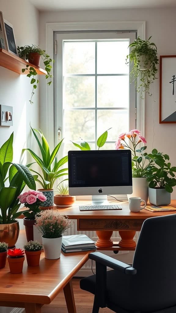 A bright and inviting workspace featuring various plants and flowers on a wooden desk, with a computer and a window providing natural light.