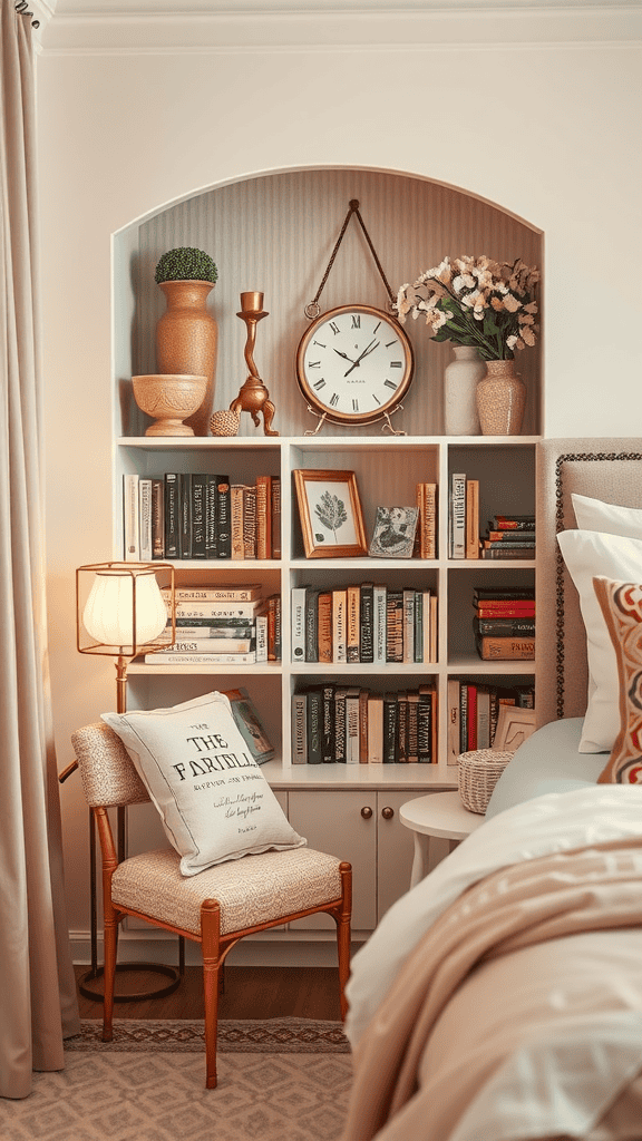 A cozy personal library setup with bookshelves, decorations, and a comfortable chair.