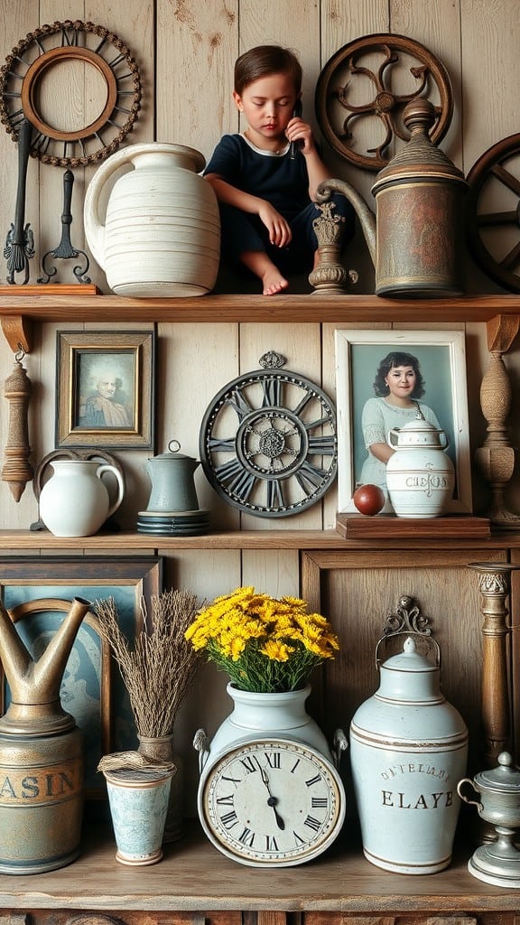 A child sitting on a shelf surrounded by vintage antiques, including pottery, clocks, and framed photos, creating a cozy farmhouse atmosphere.