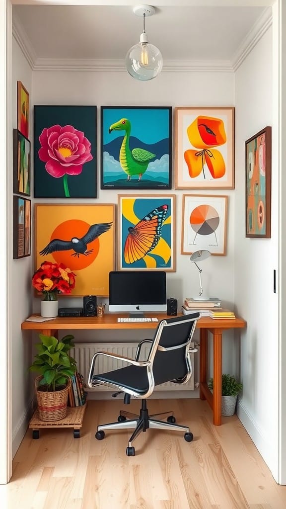 A cozy home office with vibrant artwork on the walls, featuring a desk and chair.