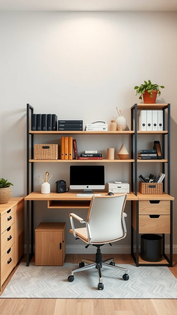 A minimalist home office setup with a desk, computer, shelves for storage, and a plant.