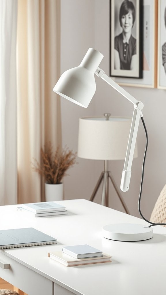 An adjustable desk lamp in matte white, placed on a clean white desk with books and a plant in a cozy home office.