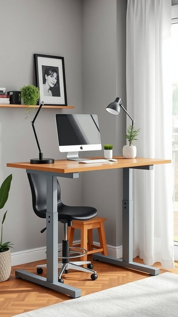 Stylish adjustable standing desk in a cozy workspace with modern decor.