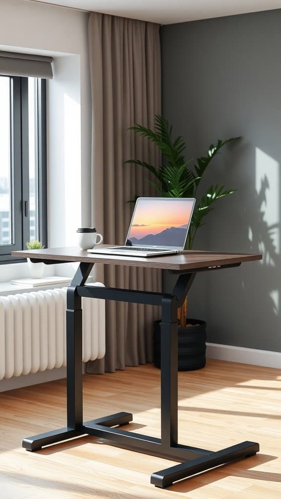 Adjustable standing desk converter in a cozy home office setting