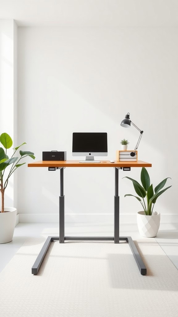 A modern adjustable standing desk in a minimalist home office setting.