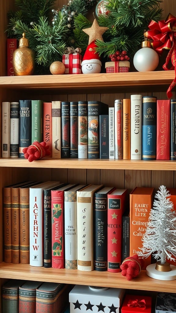 Decorated bookshelves with holiday ornaments, books, and greenery.