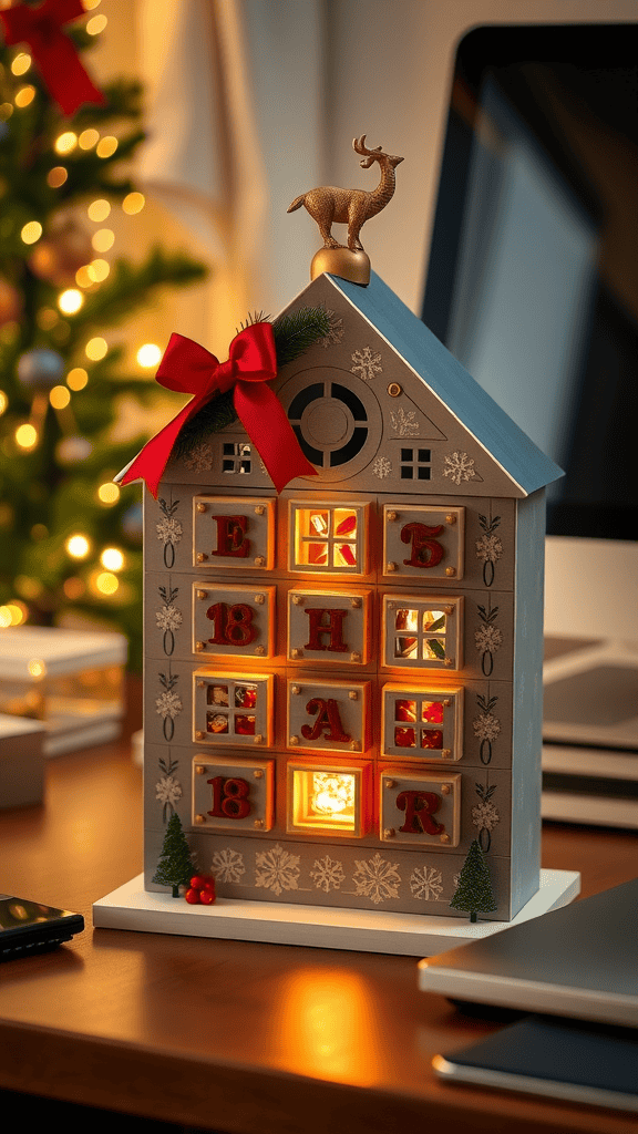 Festive advent calendar on a desk with warm lights and decorations.