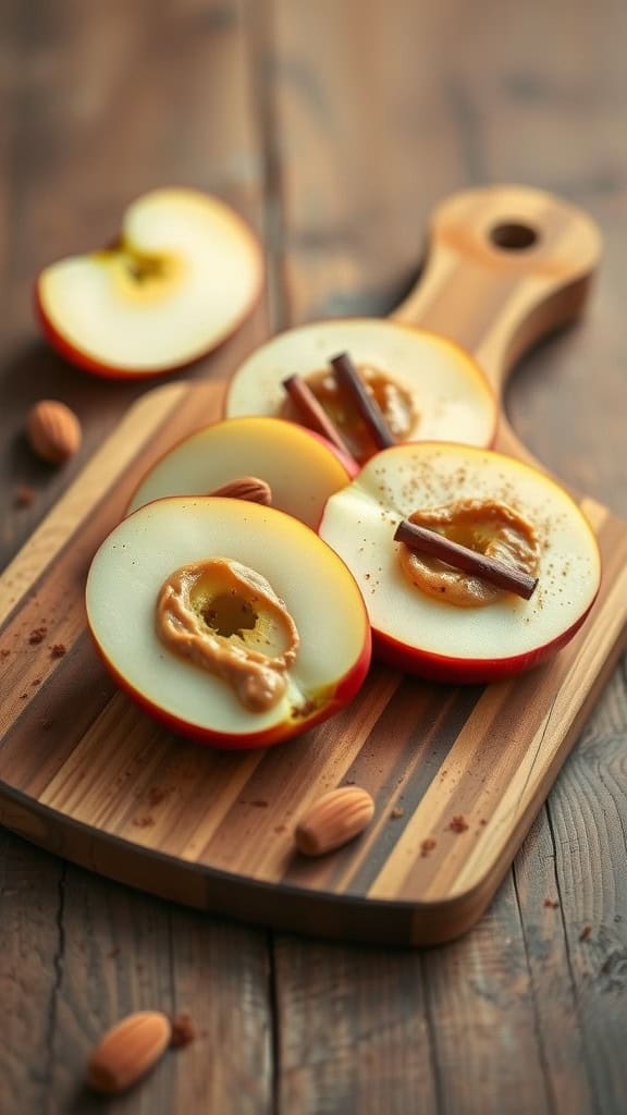 Almond butter spread on fresh apple slices with cinnamon.