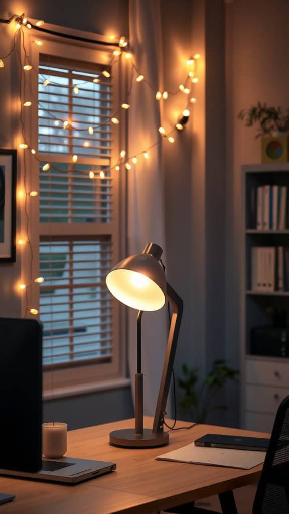 A cozy workspace with a desk lamp and string lights creating warm lighting.