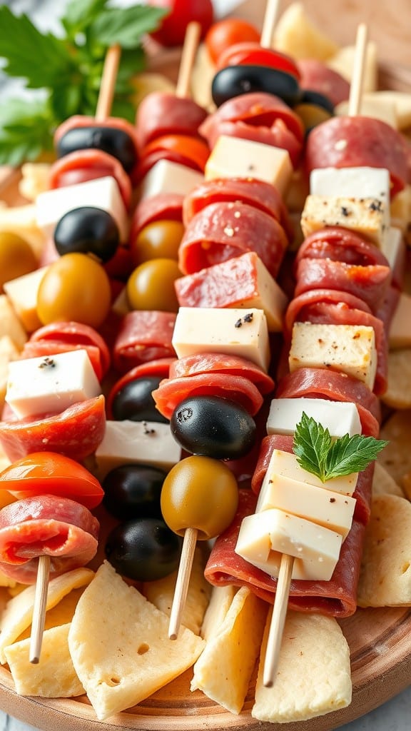 Antipasto skewers with salami, olives, cheese, and tomatoes on a wooden platter.