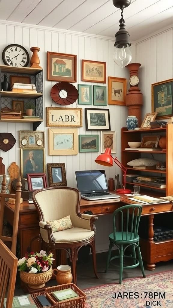 A cozy home office with antique decor including frames, a vintage clock, and retro furniture.