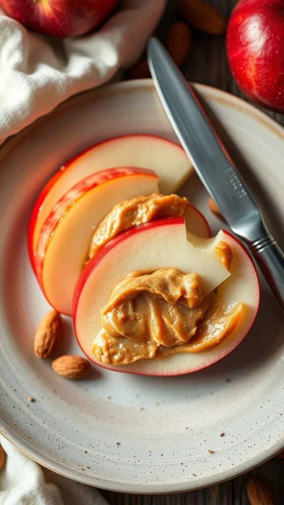 Slices of apple with almond butter spread on a plate