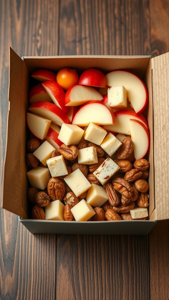 A snack box containing apple slices, cheese cubes, and mixed nuts.