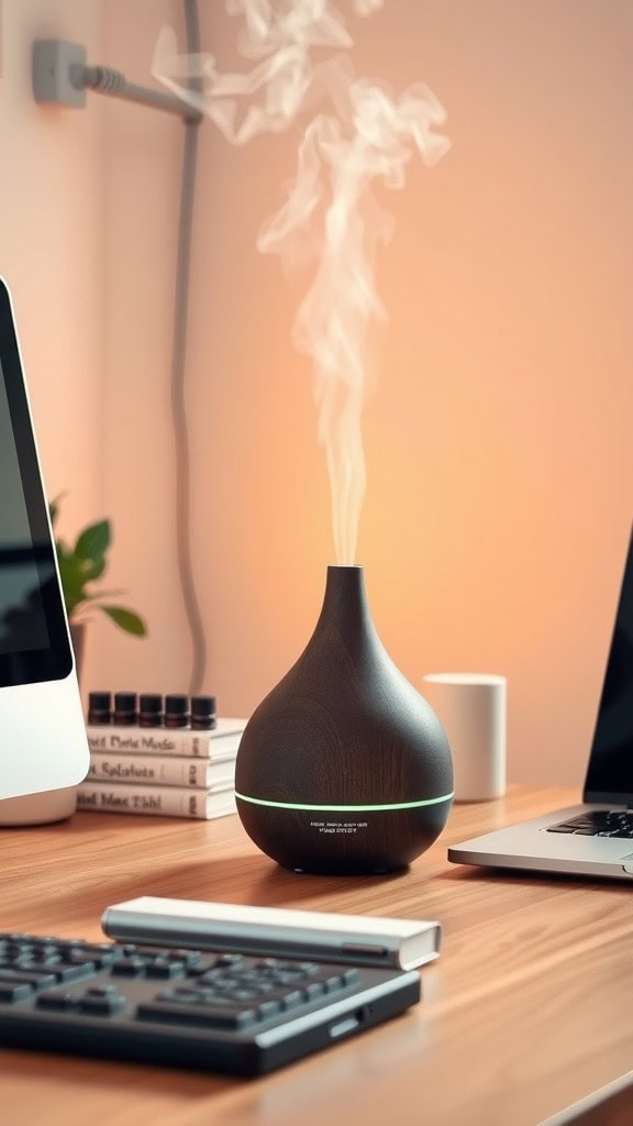 A cozy home office featuring an aromatherapy diffuser emitting steam, with a computer and books in the background.