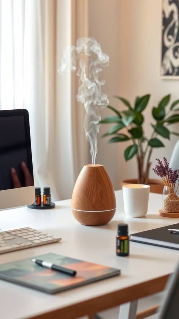 A cozy home office with a diffuser emitting steam, a computer, and notebooks.