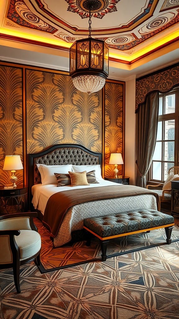 A cozy bedroom featuring Art Deco design elements with warm colors and intricate patterns.