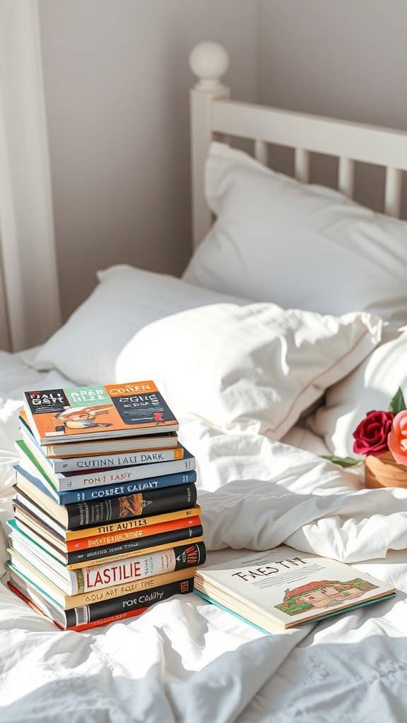 Cozy bedroom with a stack of books on a white bed