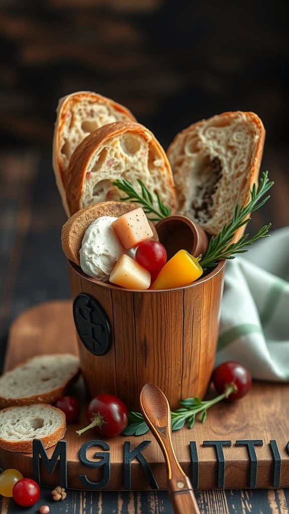 A charcuterie cup featuring artisan bread, cheese cubes, and colorful cherry tomatoes.