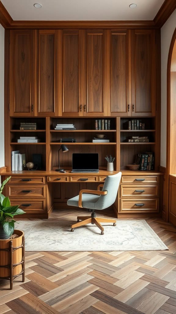 A luxury home office featuring wooden cabinetry, a modern chair, and herringbone patterned flooring.