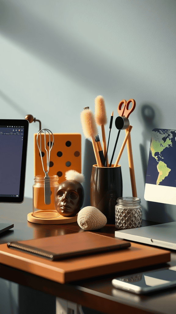 A stylish desk setup featuring artistic accessories like colorful pens, a decorative holder, and a unique sculpture.