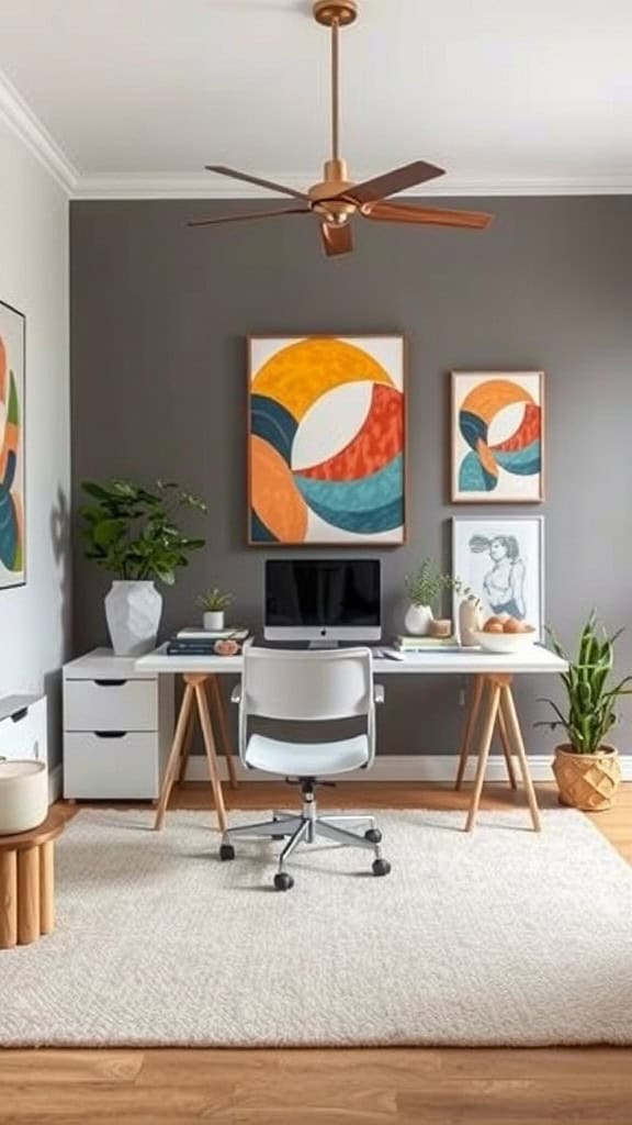 A modern workspace featuring colorful abstract artwork on neutral grey walls, a sleek desk with a computer, and indoor plants.