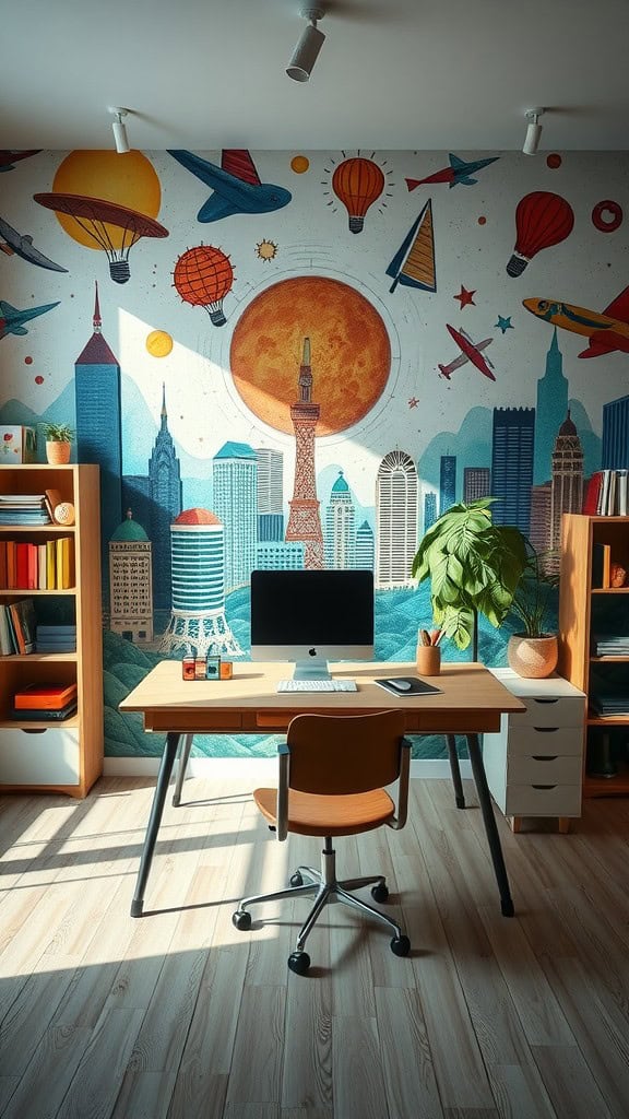 A home office with an artistic mural featuring hot air balloons, skyscrapers, and a large sun.