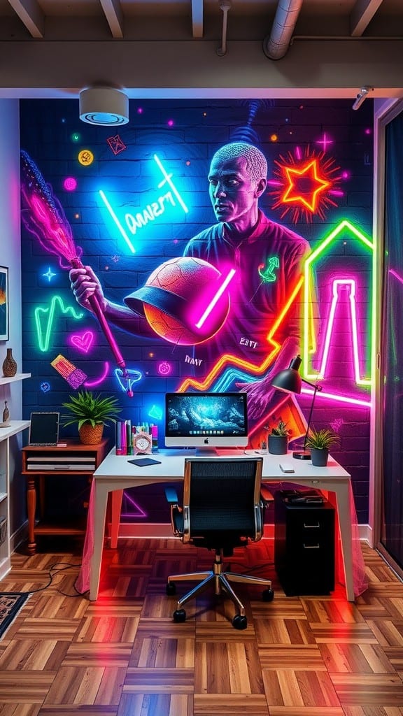 A vibrant neon mural depicting a sports enthusiast, surrounded by colorful elements and glowing designs, set in a stylish office space.