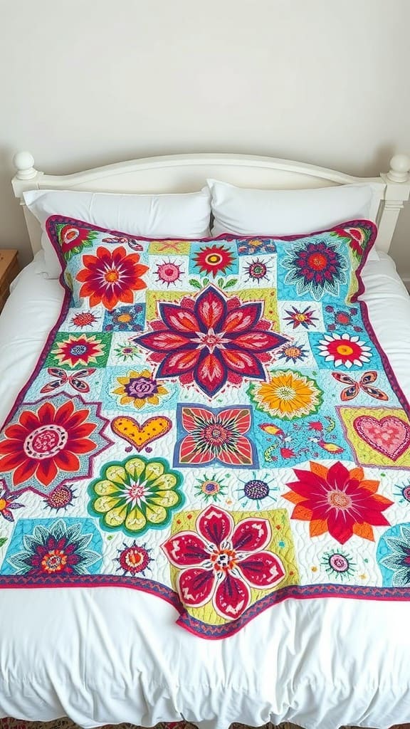 A colorful quilt with floral patterns laid over a white bed