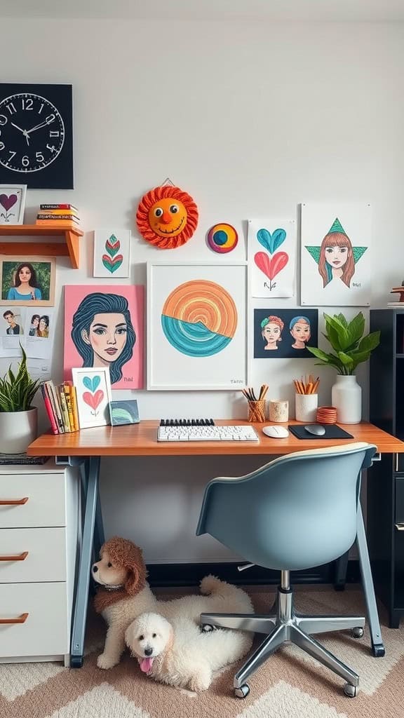 A cozy dorm desk setup with colorful artwork, plants, and two fluffy dogs lounging underneath.