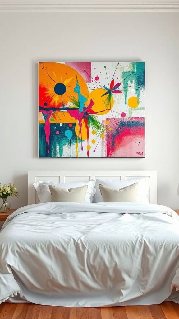 Colorful abstract painting above a white bed in a cozy bedroom setting.