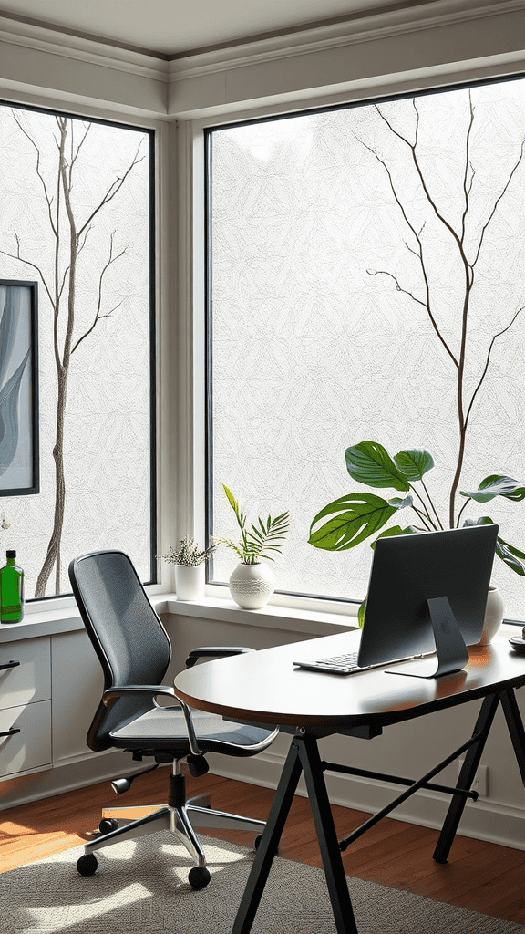 A modern office space with artistic window film featuring bare tree branches, a sleek desk, and a comfortable chair.